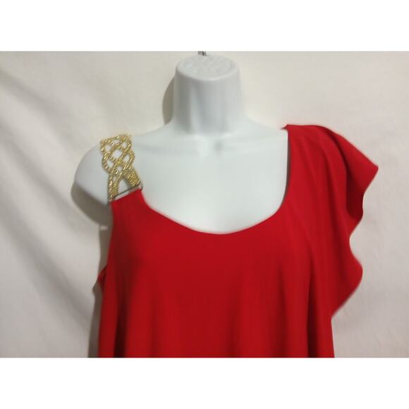 Betsy & Adam Size 12 Sleeveless Red Draped Shift Dress Gold And Rhinestone Strap - Picture 1 of 7
